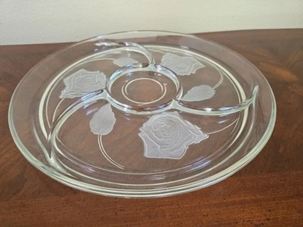 Indiana Glass Pressed Frosted Rose Divided 13” Appetizer Tray
